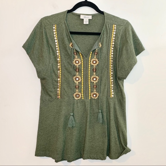 STYLE & CO. Olive Green Embroidered Peasant Blouse - Picture 4 of 9
